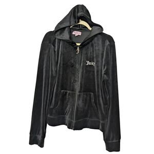 Juicy Couture Crystal Logo Black Velour Full Zip Hooded Jacket Women XXL